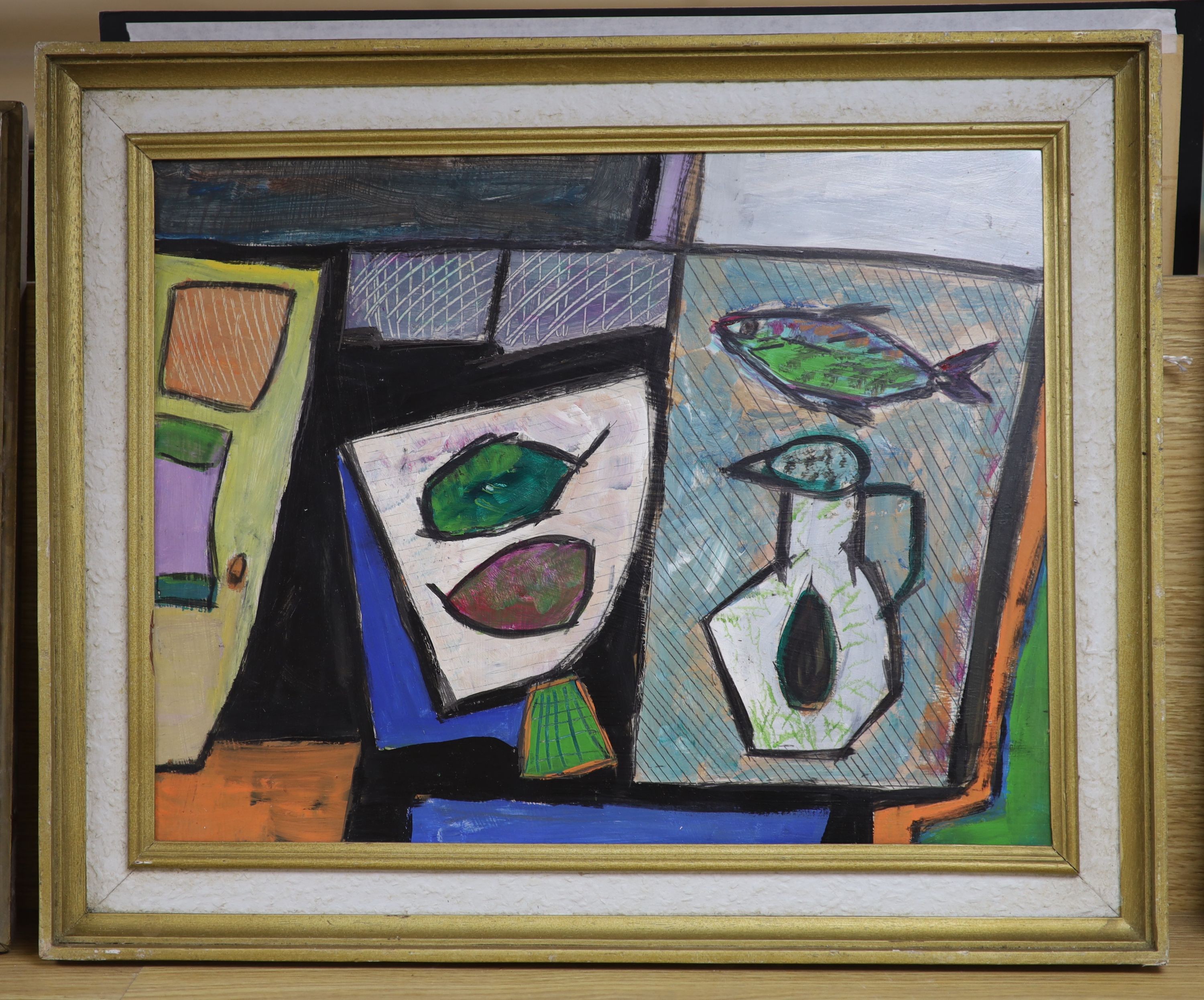 A modern oil on board stylised table top still life, 34 x 45cm